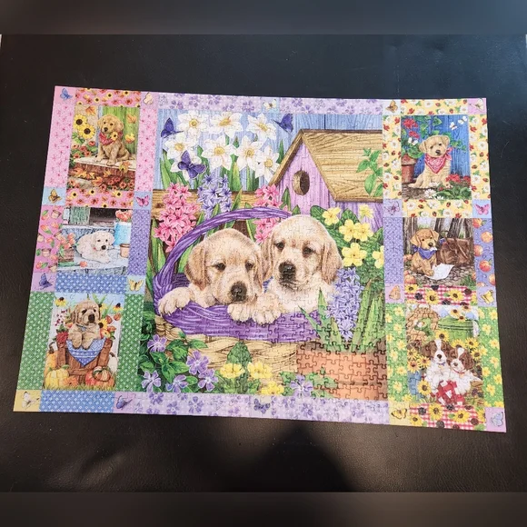 COBBLE HILL 1000-PIECE JIGSAW PUZZLE PUPPIES AND POSIES QUILT W/POSTER COMPLETE - Picture 2 of 4